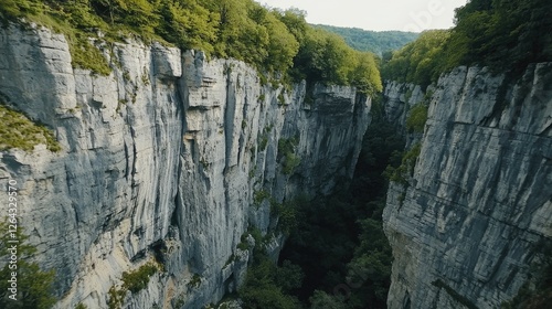 Obraz na płótnie Majestic canyon landscape with steep cliffs, lush greenery, and serene river in the valley below w salonie