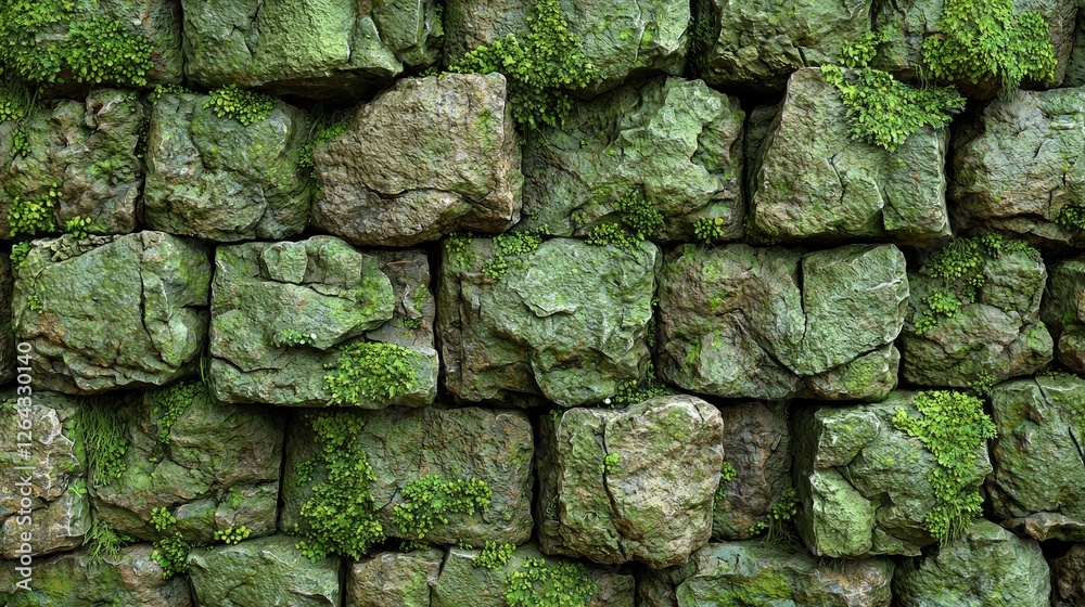Textured stone wall covered in moss, showcasing nature's reclamation of man-made structures Textured stone wall covered in moss, showcasing nature's reclamation of man-made structures
