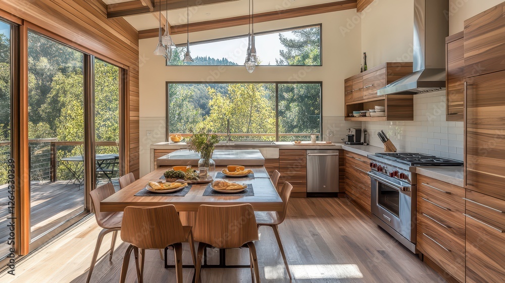 Fototapeta premium Modern kitchen with wood accents and expansive windows offering stunning views. Ideal for showcasing design, real estate, or lifestyle concepts.