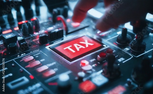 Closeup of DJ mixer with red 'TAX' inscription, person adjusting settings, futuristic tech ambiance in dimly lit room.