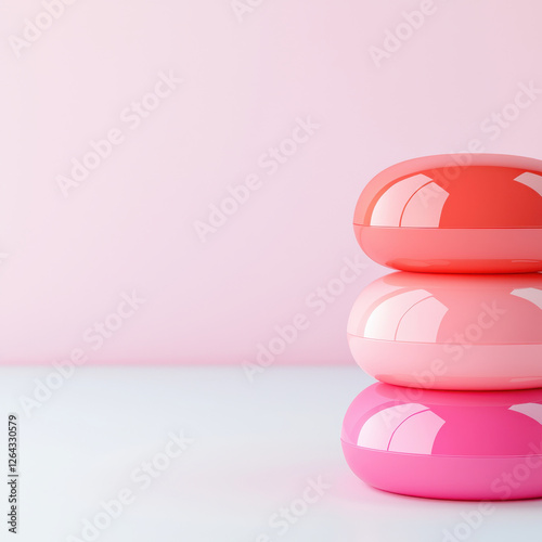 Stacked colorful oval objects on pastel pink background photo