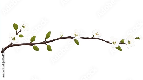 Delicate white flower branch with green leaves on a minimalist background, ideal for nature-themed designs