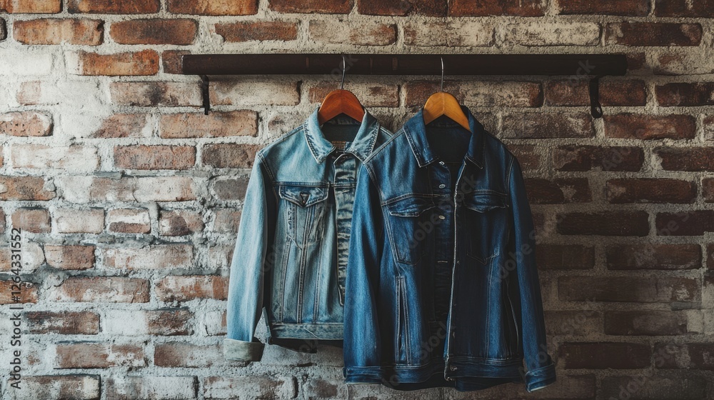 Fototapeta premium Denim jackets hanging against a rustic brick wall with space for creative text and branding ideas. Generative AI