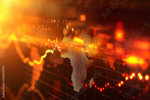 Abstract representation of a glowing world map with financial data trends, highlighting Africa, during sunset