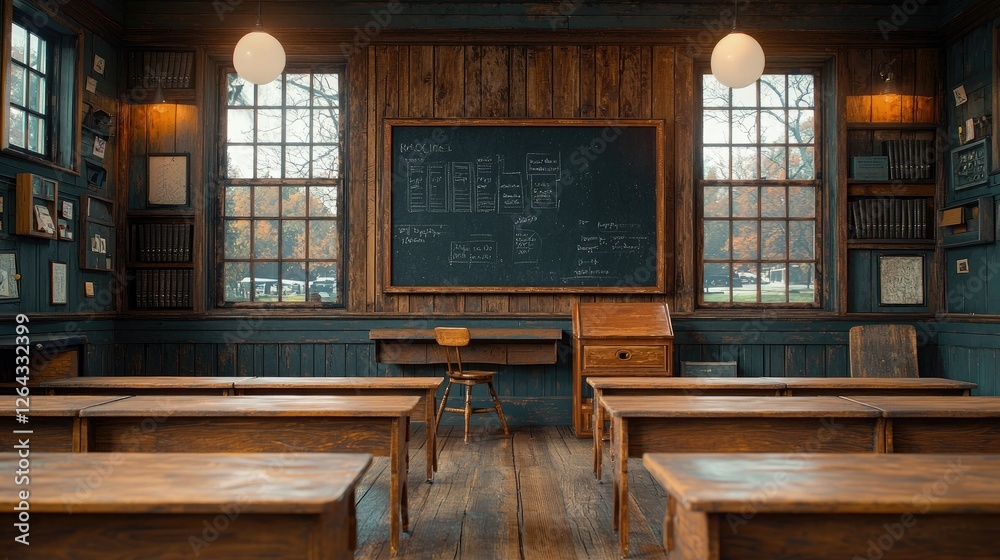 custom made wallpaper toronto digitalVintage classroom interior with wooden desks, chalkboard, and large windows overlooking a park