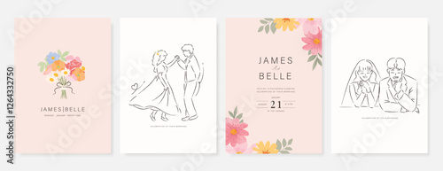 Elegant wedding invitation card background vector. Minimal hand drawn bride and groom in watercolor botanical flowers texture. Design for wedding, vip cover template, rsvp modern card, poster.