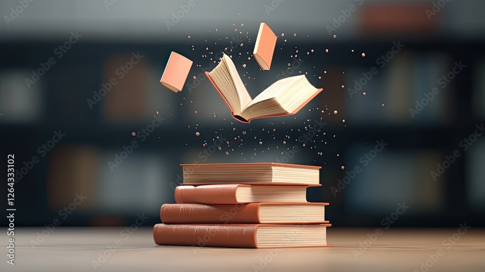 A stack of books with an open book floating above, surrounded by glowing particles in a library