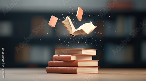 Obraz na płótnie A stack of books with an open book floating above, surrounded by glowing particles in a library w salonie