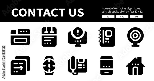 Icon Set of Contact Us Glyph Icons. Contains such Icons as Browser, Drafts, Alert, Agenda etc. Editable Stroke. 32 x 32 Pixel Perfect