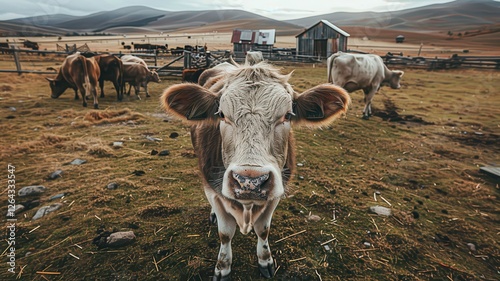 Captivating Closeup of a Holstein Cow in a Serene Pastoral Landscape Eye-Level Engagement photo