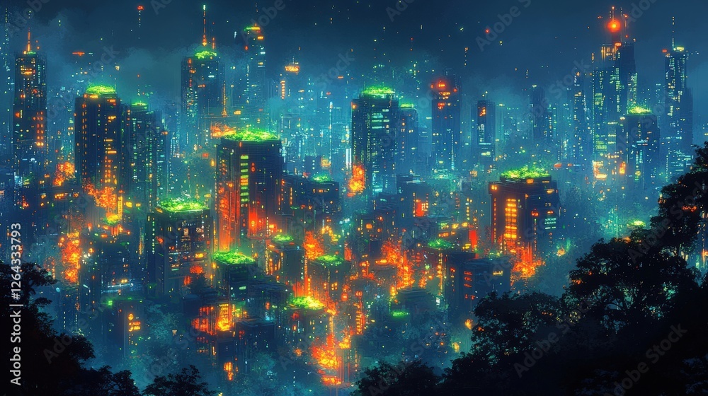 Fototapeta premium Vibrant Nighttime Cityscape with Colorful Lights, Skyscrapers, and Lush Greenery Set Against a Dark Blue Sky in a Modern Urban Environment