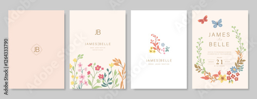 Elegant wedding invitation card background vector. Minimal hand draw botanical flowers and butterfly template background. Design illustration for wedding, vip cover, poster, rsvp modern card.