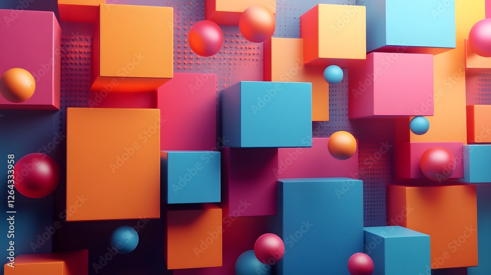 Playful geometric arrangement of spheres and cubes in vibrant hues Playful geometric arrangement of spheres and cubes in vibrant hues