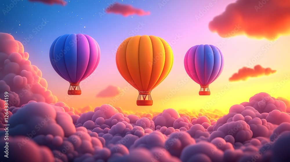 Obraz premium Dreamlike Hot Air Balloon Sunset Adventure Above Fluffy Cloudscape