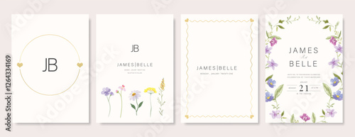 Elegant wedding invitation card background vector. Minimal hand painted watercolor botanical flowers texture template background. Design illustration for wedding, vip cover, poster, rsvp modern card.