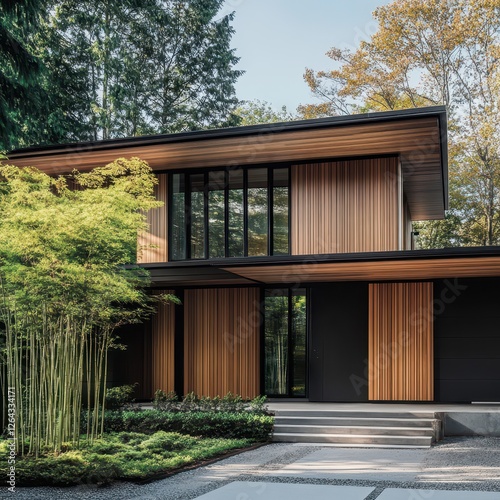 Modern home exterior featuring wood siding and large windows