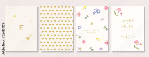 Elegant wedding invitation card background vector. Minimal hand painted watercolor botanical flowers texture template background. Design illustration for wedding, vip cover, poster, rsvp modern card.