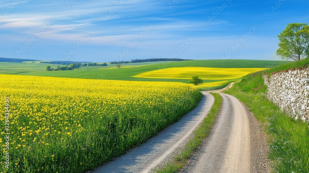 Winding country road through vibrant rapeseed fields, sunny day, rolling hills Winding country road through vibrant rapeseed fields, sunny day, rolling hills