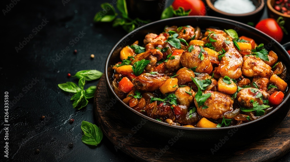 Chicken Stir-Fry in Pan, Dark Background. Possible Stock Photo Use Chicken Stir-Fry in Pan, Dark Background. Possible Stock Photo Use