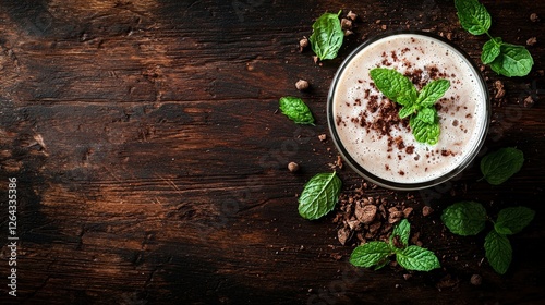 Creamy chocolate mint smoothie garnished with fresh mint leaves on rustic wooden table