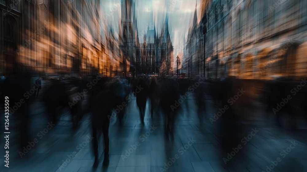 Obraz premium Urban Motion Blur: Gothic Architecture and a Crowd's Dynamic Energy