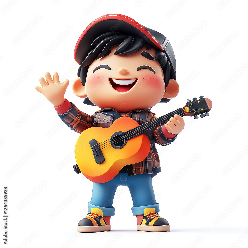 Joyful Boy Playing Acoustic Guitar: A Whimsical 3D Illustration Joyful Boy Playing Acoustic Guitar: A Whimsical 3D Illustration