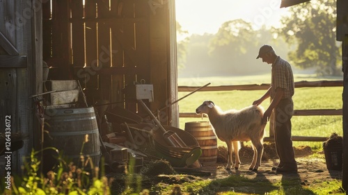 Gentle Farmer Petting Goat in Serene Barn with Warm Light A Rustic Scene for Animal Care Lovers photo