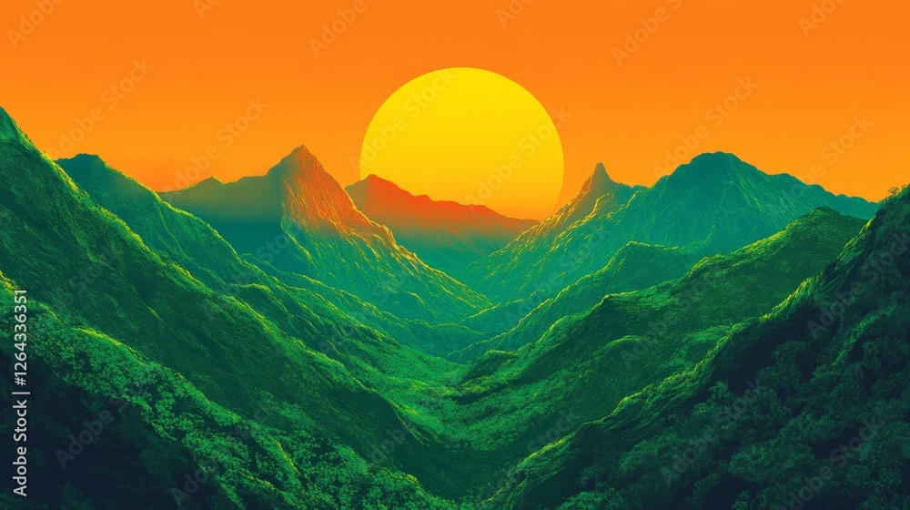 Obraz premium Vibrant Sunset Over Lush Green Mountainscape Dramatic Hilly Terrain Golden Hour Scenic Vista