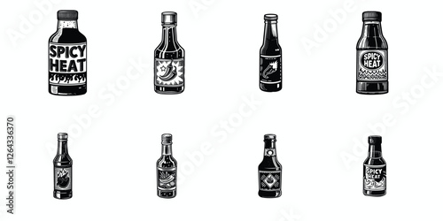 Hot sauce bottles black and white illustrations chili pepper icons