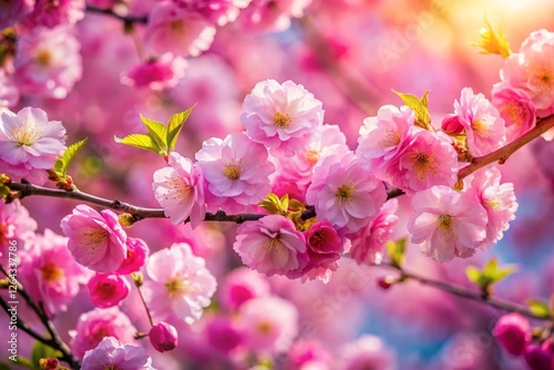 Beautiful spring natural background with bright pink cherry blossom flowers close up macro.