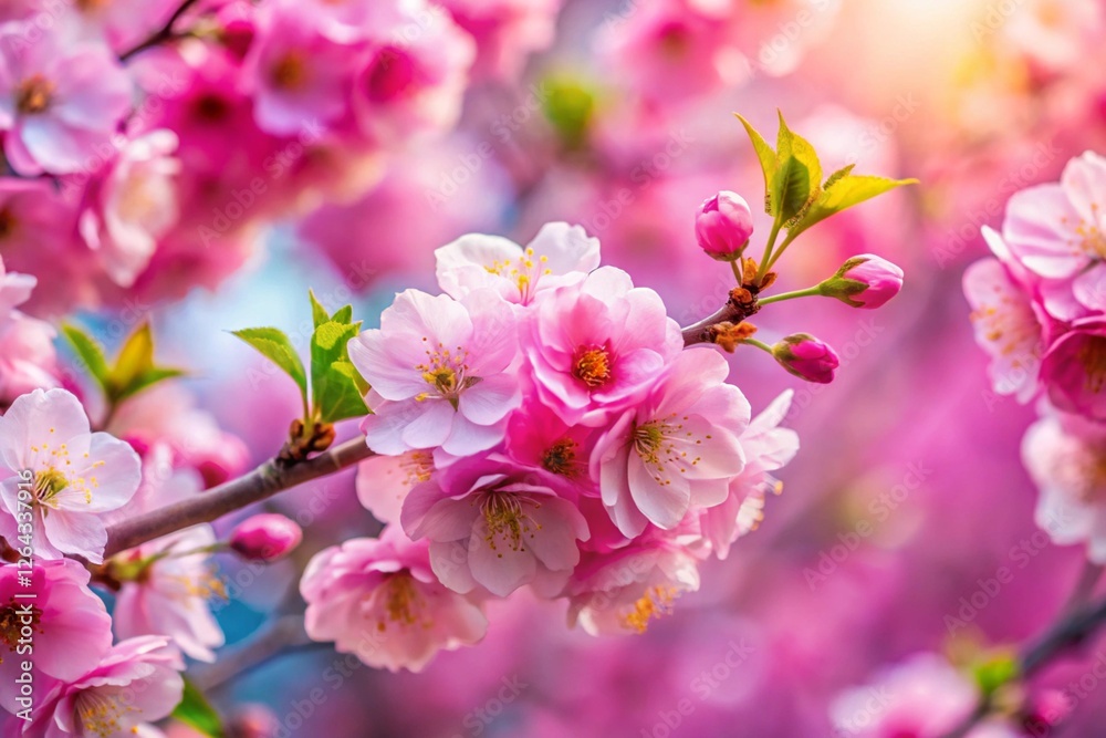 Naklejka premium Beautiful spring natural background with bright pink cherry blossom flowers close up macro.