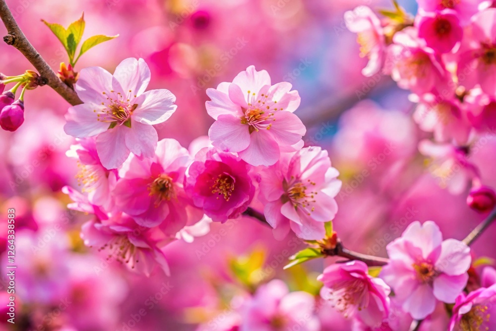 Beautiful spring natural background with bright pink cherry blossom flowers close up macro.