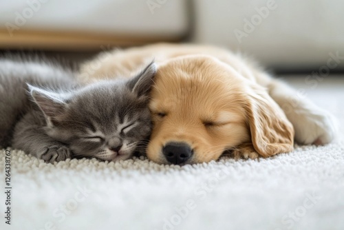 Golden Puppy and Kitten: Serene Sleep, Soft Textures, Gentle Mood