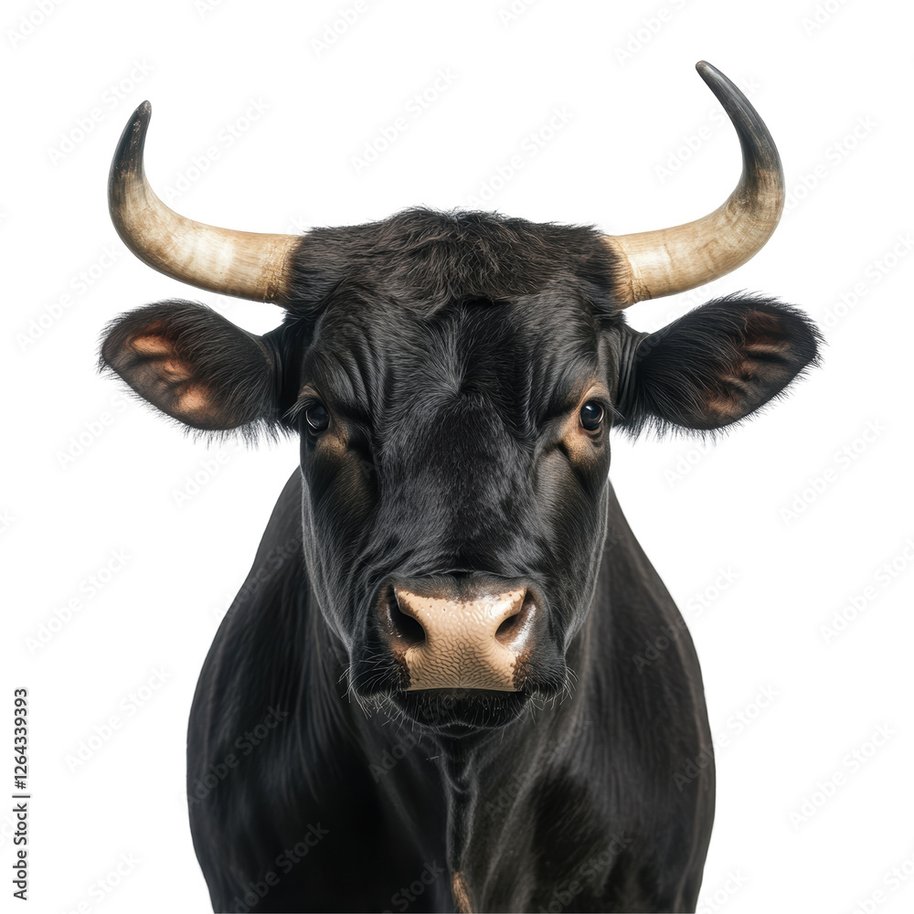 Naklejka premium Close up of a Black Bull with Prominent Horns against a White Background