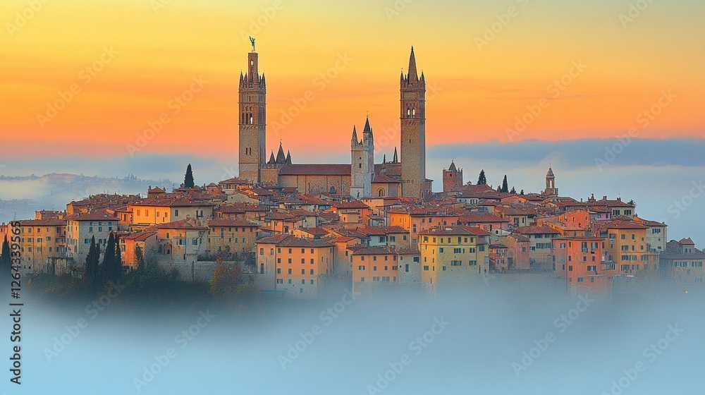 Fototapeta premium Aserra Sunrise: Misty Medieval Cityscape