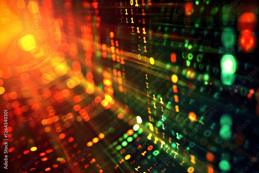 Abstract digital background with colorful binary code, glowing particles, and light effects