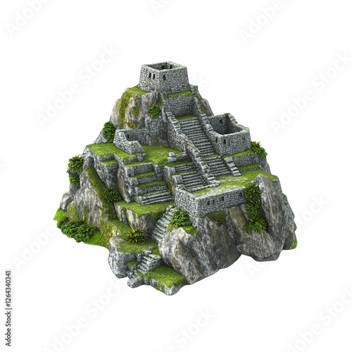 3D Render of Ancient Stone Mountaintop Fortress with Multiple Staircases and Lush Greenery