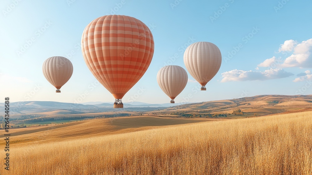 Obraz premium Scenic Hot Air Balloon Flight Over Golden Wheat Fields Sunrise Adventure