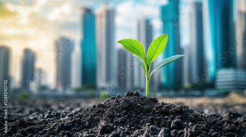 Young plant sprout in dark soil, city backdrop. Illustrates growth, sustainability, urban renewal.