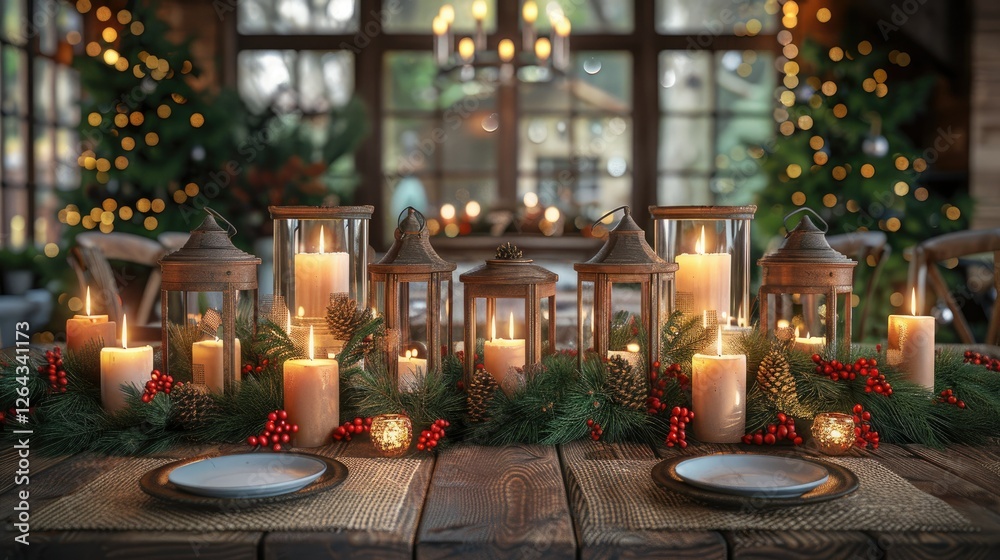 Rustic Christmas table setting with candles, lanterns, and evergreen garland. Rustic Christmas table setting with candles, lanterns, and evergreen garland.