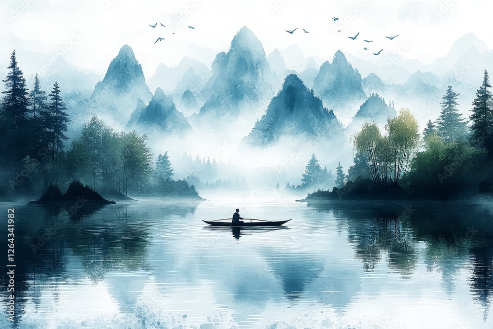 Fototapeta premium Chinese Ink Painting Style Man Rowing on River with Misty Mountains, Flying Birds, and Green-Blue Hues. High-Resolution Vector Illustration with White Space at Top.