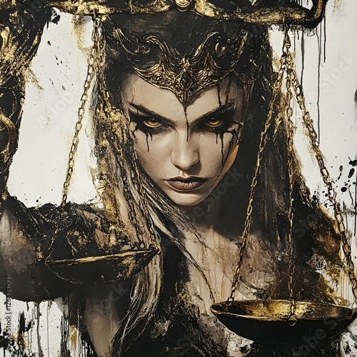 Striking Portrait of Nemesis, Goddess of Divine Retribution, Holding Scales of Justice with Intense