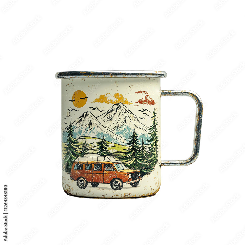 Obraz premium Vintage Enamel Camping Mug with Mountain and Van Design