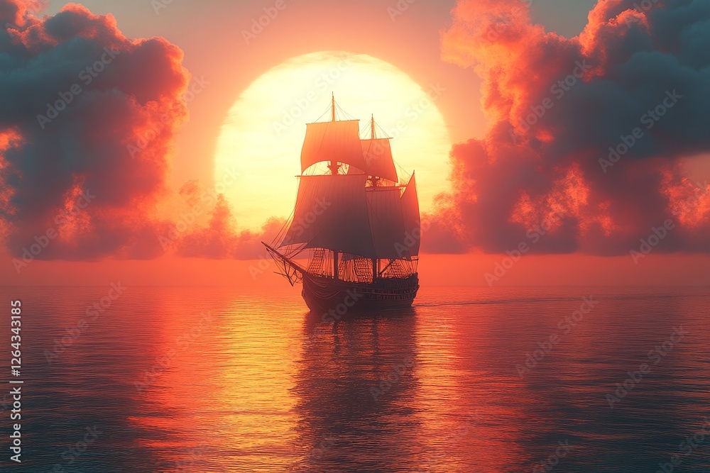 Fototapeta premium Pirate, Ship, Sunset, Orange, Sky, Sun, Sail, Calm, Sea, Windless, Air, Detail, High-Resolution, Hyper-Realistic, Sharp, Focus