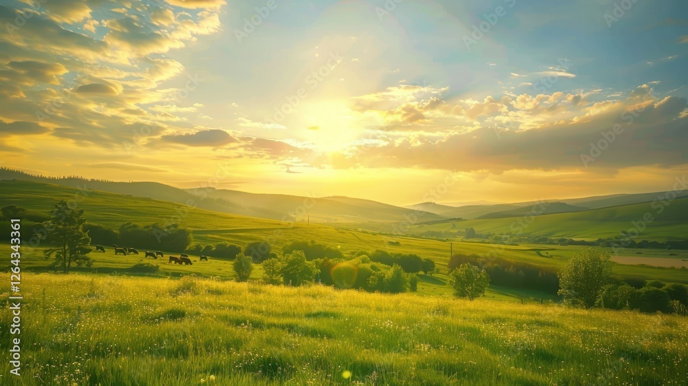 Basking in Splendor A Lush Green Grassland at Sunset Landscape Photography Vibrant Nature Panoramic View Serenity Basking in Splendor A Lush Green Grassland at Sunset Landscape Photography Vibrant Nature Panoramic View Serenity