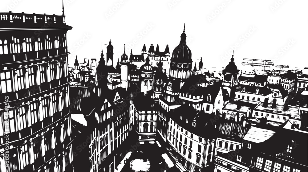 Obraz premium City landscape. Different buildings on street, outline cityscape hand sketch, flat houses. Hand drawn vector illustration