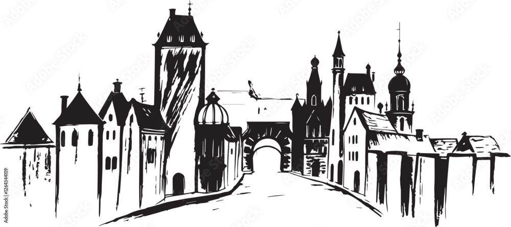 Obraz premium City landscape. Different buildings on street, outline cityscape hand sketch, flat houses. Hand drawn vector illustration