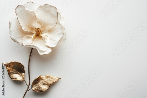 Minimalistic single white flower with golden leaves on a clean white background, symbolizing elegance, simplicity, and luxury in a modern botanical style.