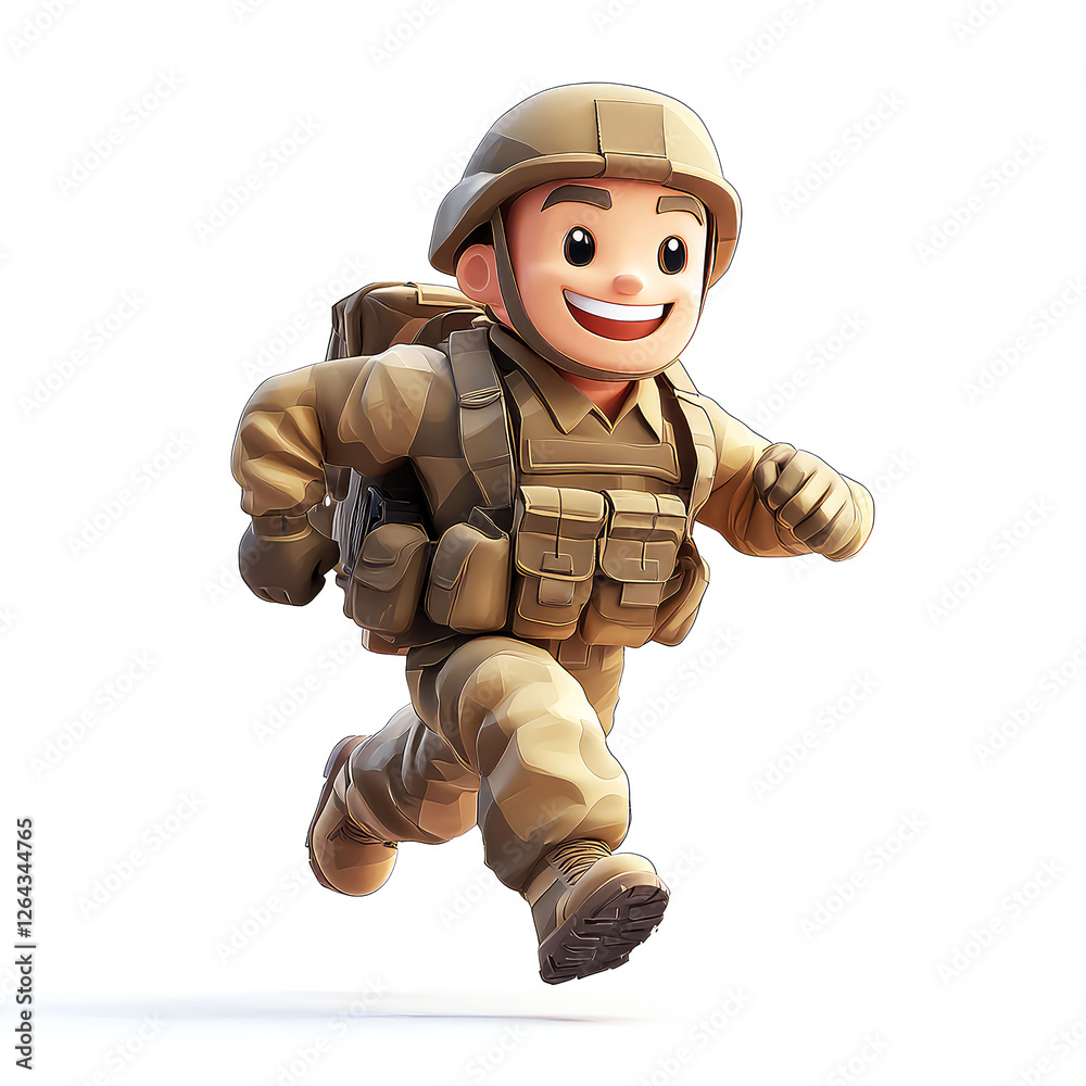 Smiling Cartoon Soldier Running: 3D Render of a Military Character in Action Smiling Cartoon Soldier Running: 3D Render of a Military Character in Action