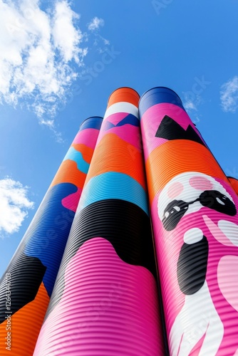 Colorful sculpture pipes create an artsy public art installation against bright sky